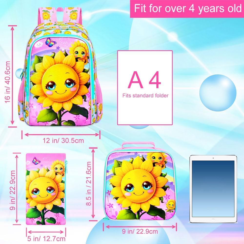 KLFVB 3PCS Smiling Sunflower Bookbag for Girls, Water Resistant Kids Backpack with Lunch Box, 16" Preschool Backpacks for Elementary - Smiling Sunflower Pink