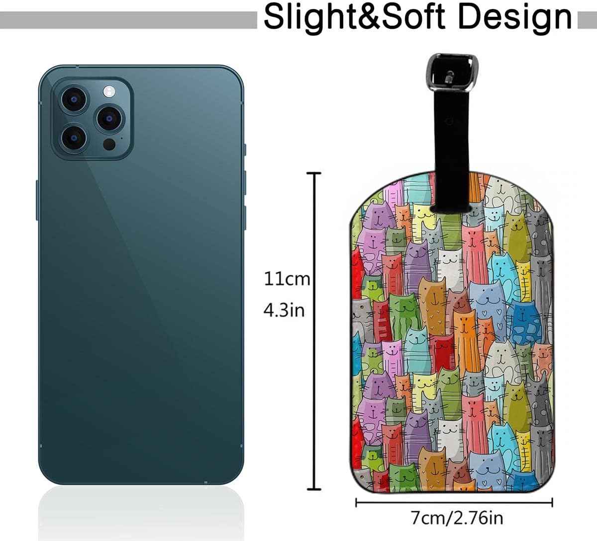 Funny Cats Family Travel Bag Tag Cartoon Seamless Animal Feline Doodle Repeat Design PU Leather Name ID Labels with Privacy Cover for Men Women Suitcase, 1 Pack