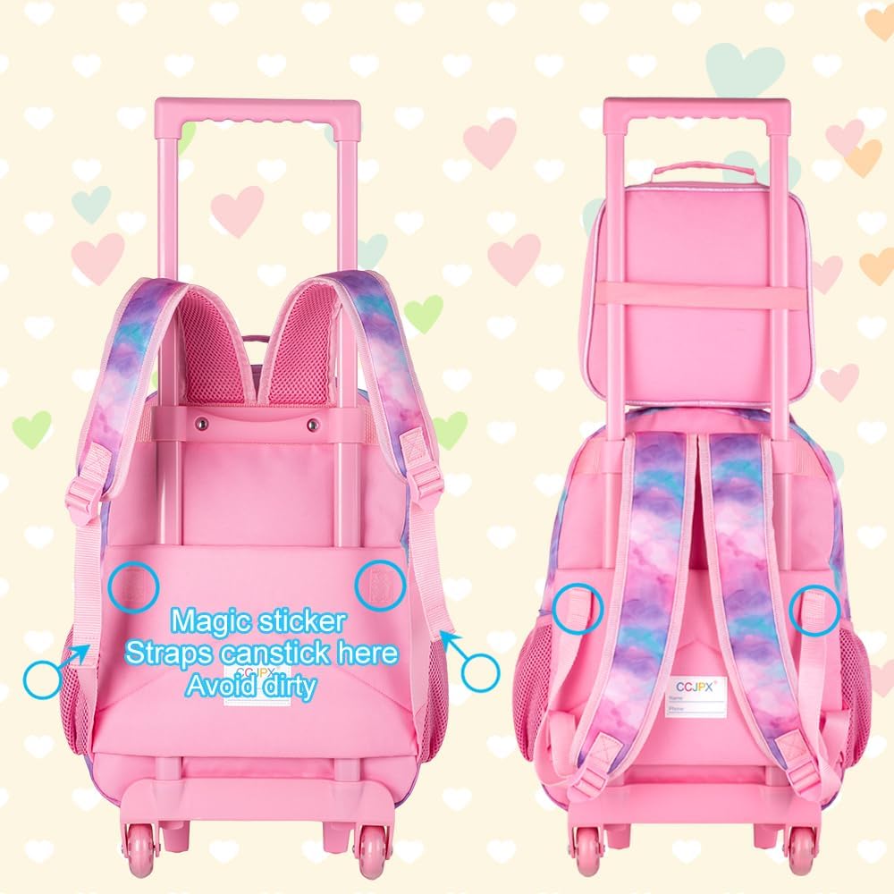 3PCS Rolling Backpack for Girls and Boys, Kids Roller Wheels Bookbag, Wheeled Elementary School Bag with Lunch Bag