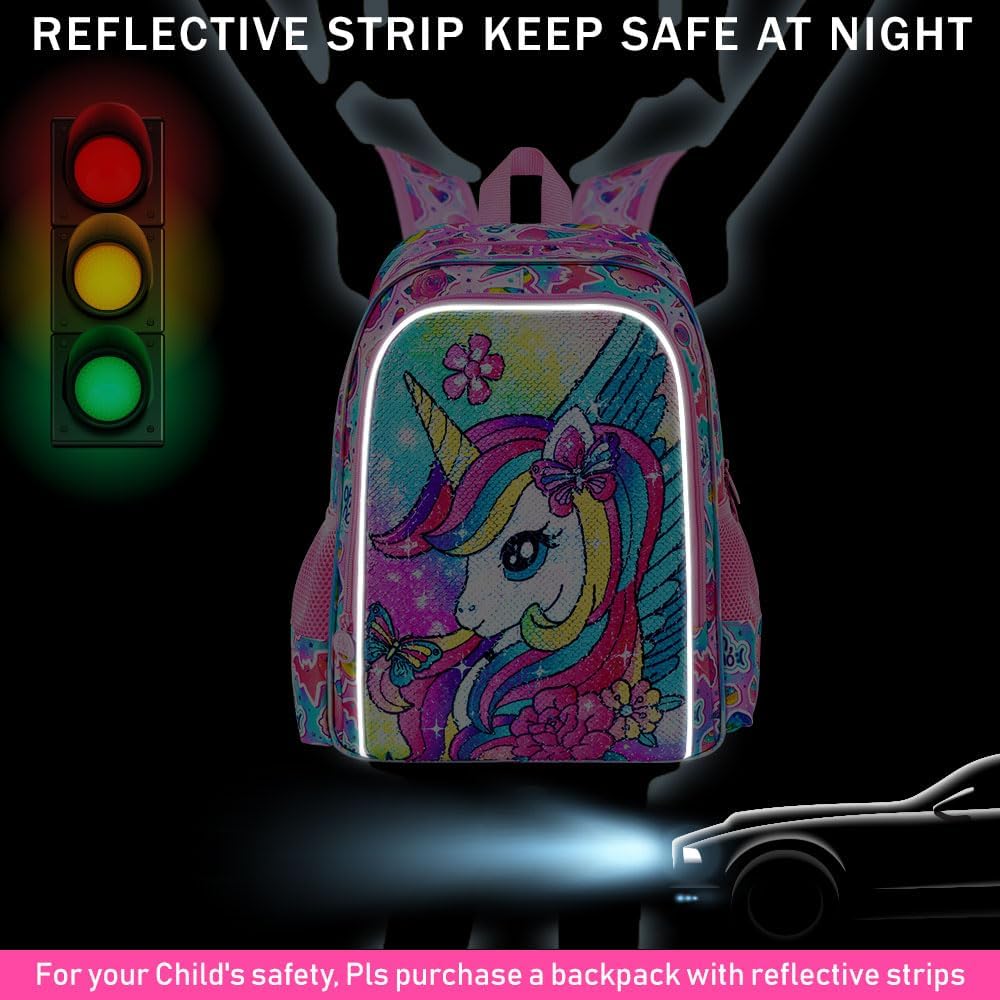3Pcs Unicorn Backpack for Girls, Sequin Bookbag for Elementary Preschool Students, 16" Kids Backpacks with Lunch Box(Pink)