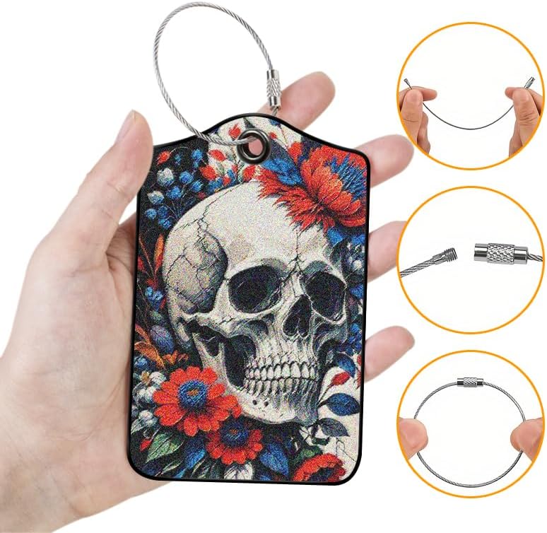 2 Pack SkullFlower Leather Luggage Tags for Suitcases, Travel Bag Tags with Privacy Cover ID Label with Stainless Steel Loop for Women Men Girls Backpack Gift (Grey Red)