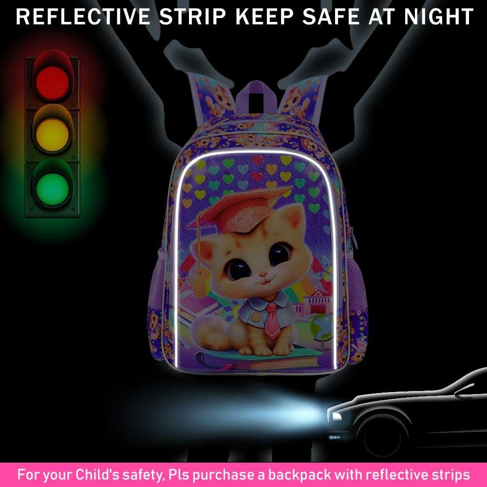3PCS Girls Cat Backpack, 16" Kids Bookbag with Lunch Box, Kids Water Resistant Elementary Prechool Toddler Shool Bag - Purple Dr. Cat