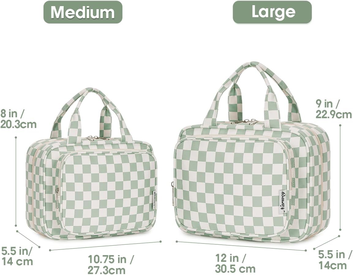 Narwey Travel Toiletry Bag for Women Large Hanging Makeup Bag Organizer Toiletries Bag for Full Size Essentials Accessories Cosmetics (Mint Green Checkerboard (Large))