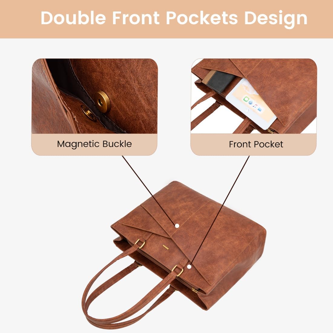 LOVEVOOK Laptop Bag for Women 15.6 Inch Tote Bags Waterproof Leather Briefcase Computer Women Business Office Work Bag,Vintage Brown
