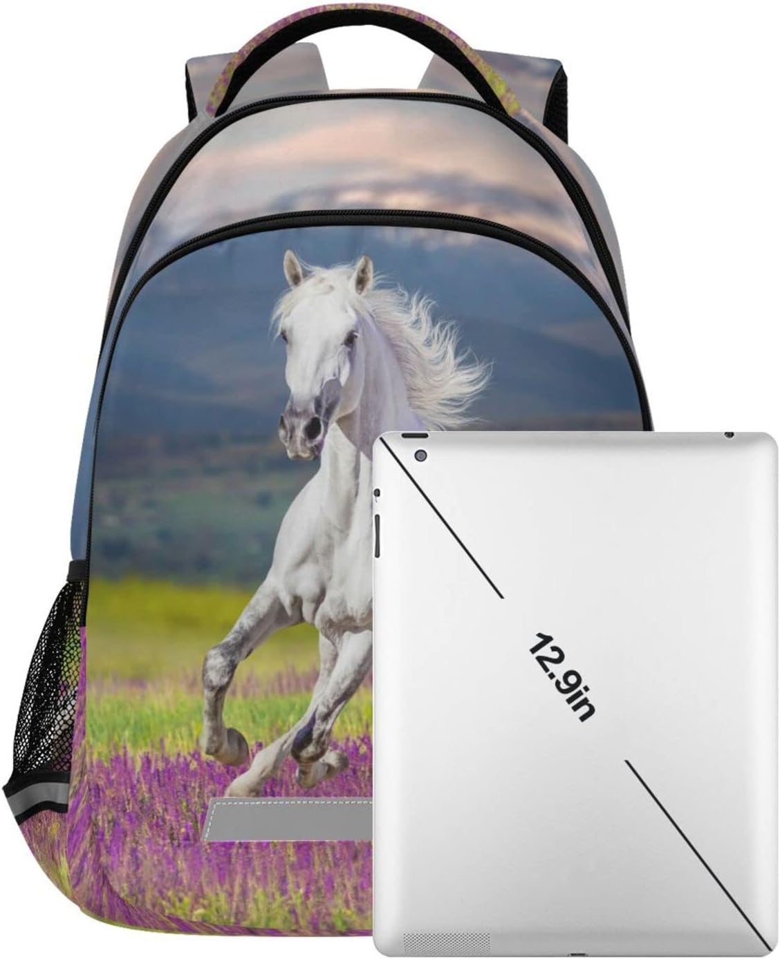 Horse Kids Backpack Girls Bookbag Lavender Flower Elementary School Bag for Boys Travel Rucksack