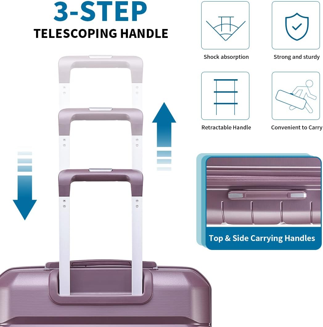 Somago Luggage Sets 3 Piece Hard Shell Polypropylene Suitcase with TSA Lock Spinner Carry On Luggage with Beauty Case Travel Set,Elegant Purple