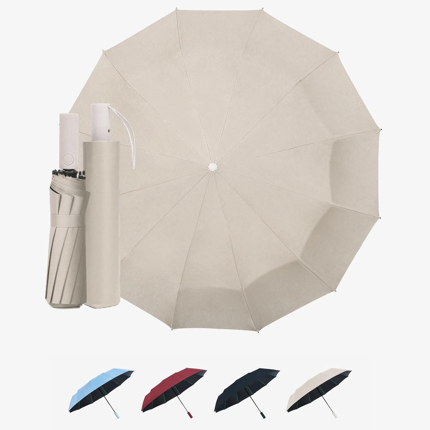 Large Automatic Umbrella - Windproof Travel Compact Folding Umbrella with Automatic Open & Close for Men and Women -creamy-black