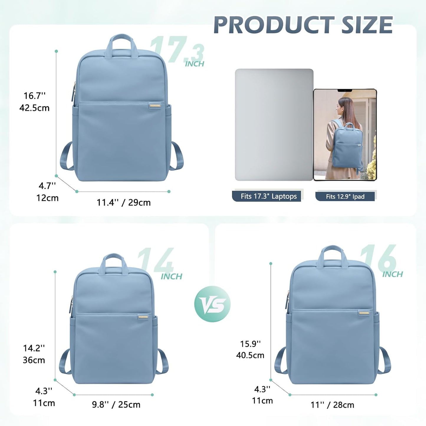 Slim Laptop Backpack for Women, Lightweight Business Backpack for Women Computer Bag Purse for Commuting, Fit 17.3 Inch, Lake Blue