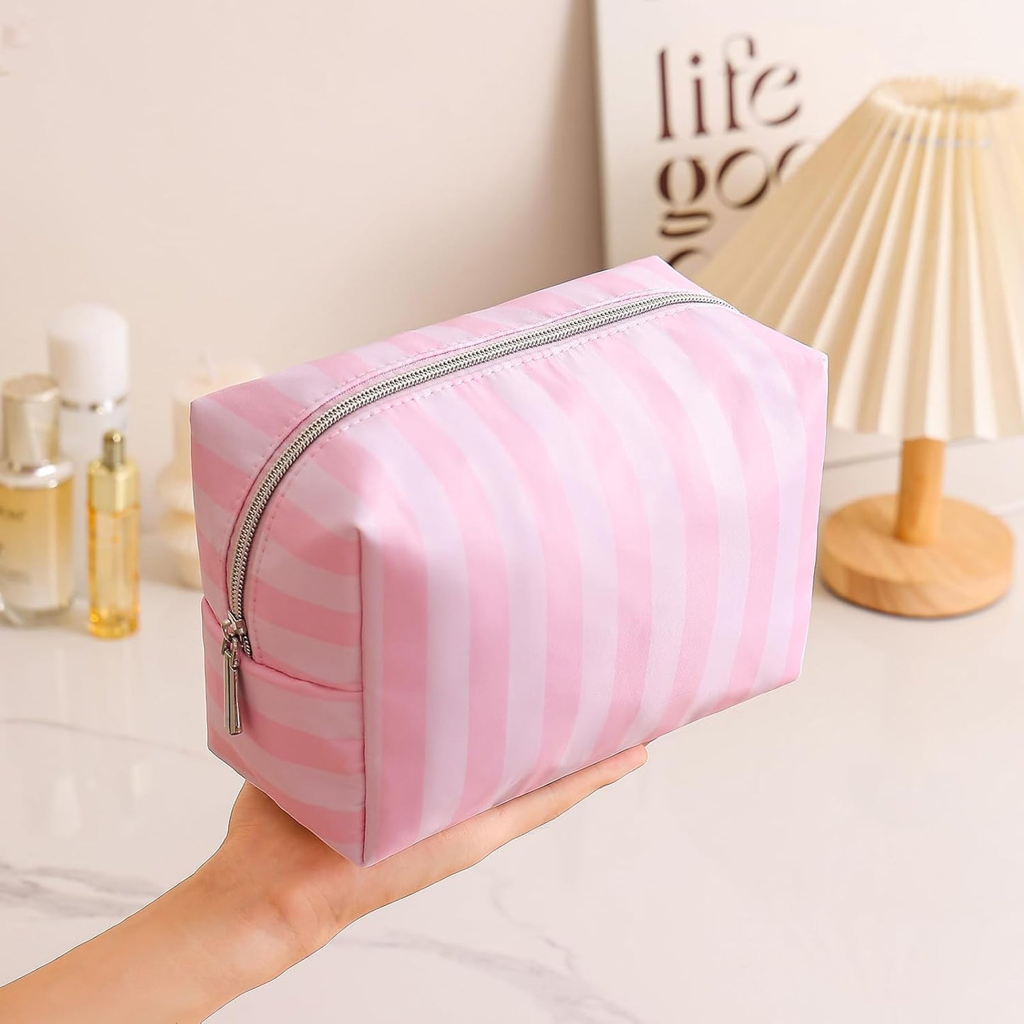 uekeboag Pink Stripe Nylon Travel Makeup Organizer Bag,Large Capacity Cosmetic Bags,Toiletries Accessories Coquette Bag for Women Girls(01Simple)