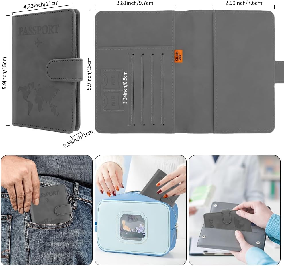 Passport Holder for Travel, Passport Cover Wallet, Premium PU Leather Passport Book Card Holder Case for Women Men, Waterproof RFID Blocking Flying Travelling Essentials Vacation Must Haves, Grey