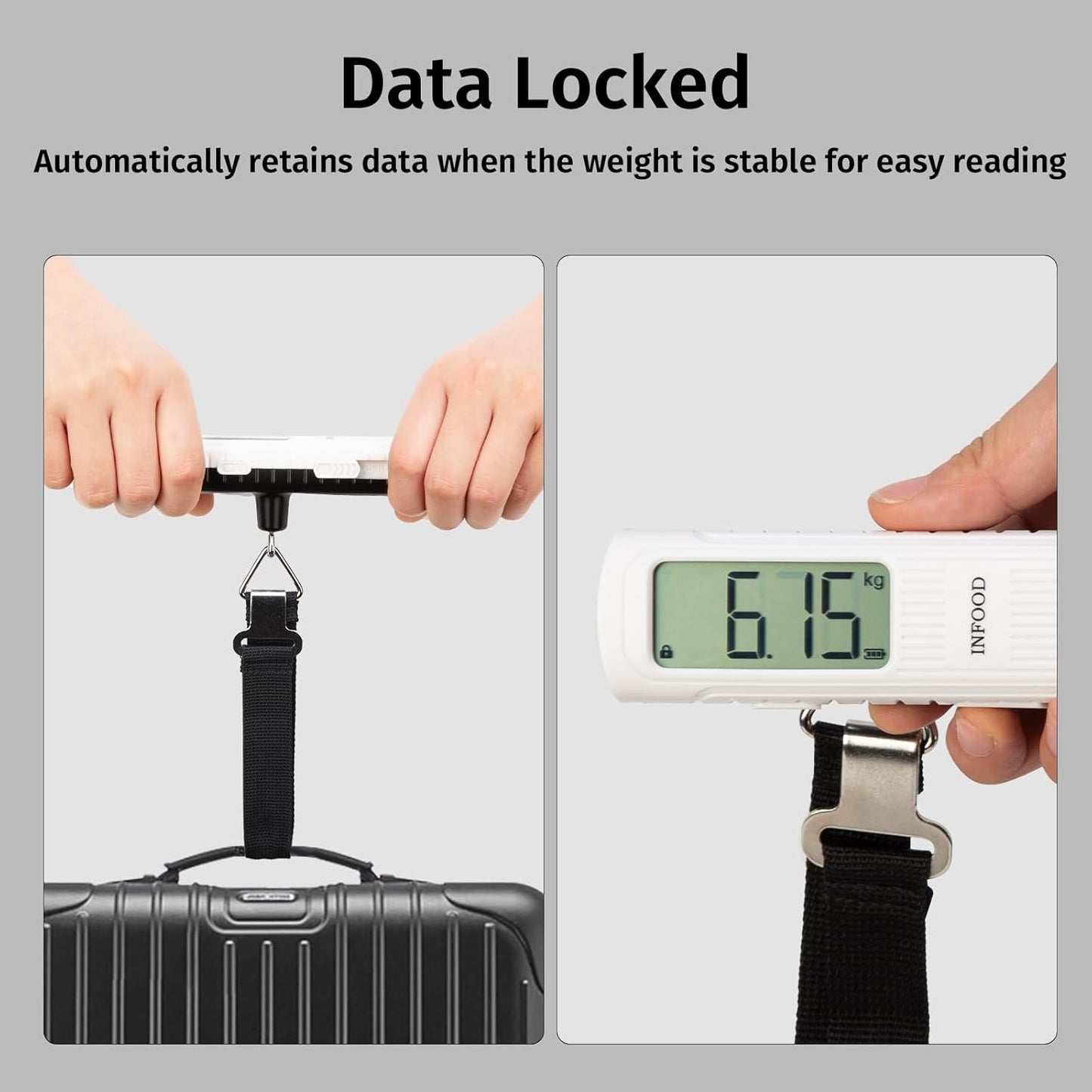 Battery-Free Digital Luggage Scale, Suitcase Scale for Travel, Portable Luggage Weight Scale with Hook & LCD Display for Luggages, Packages & Bags, 110lb/50kg Handheld Scale, White