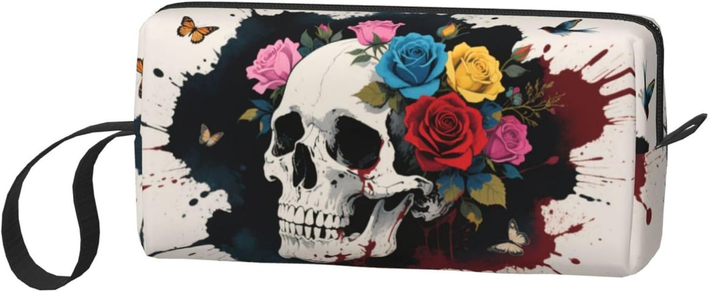 Bold Skull & Roses Makeup Bag Small Compact & Durable Travel Cosmetic Bag Organizer Oxford Fabric Impact-Resistant Multi-Purpose Storage Perfect for Travel, Gym, Daily Use