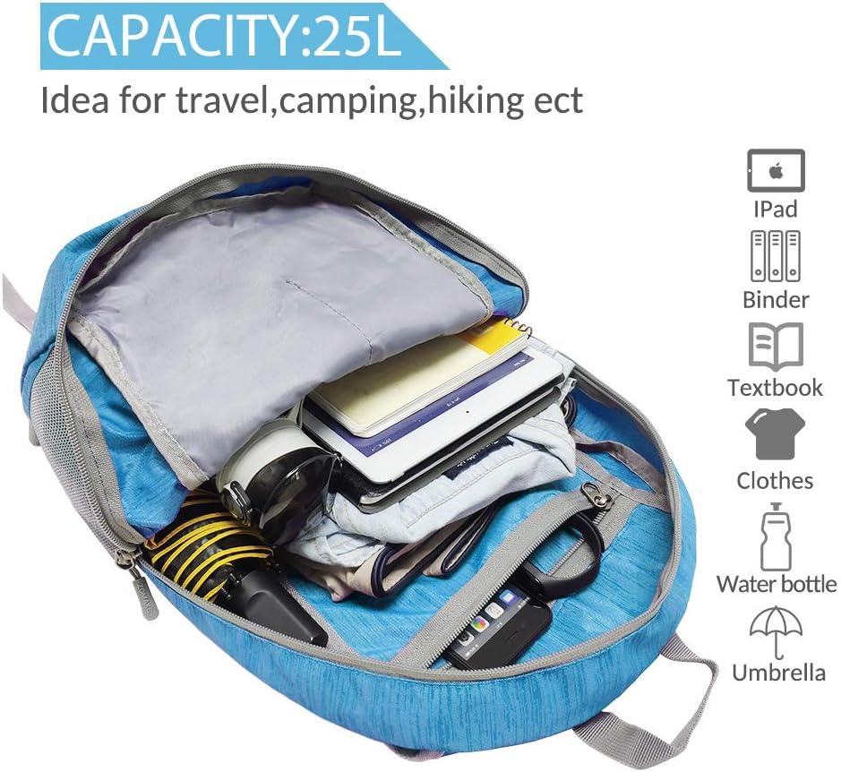 ZOMAKE 25L Ultra Lightweight Packable Backpack, Foldable Hiking Backpacks Water Resistant Small Folding Daypack for Travel(Light Blue)
