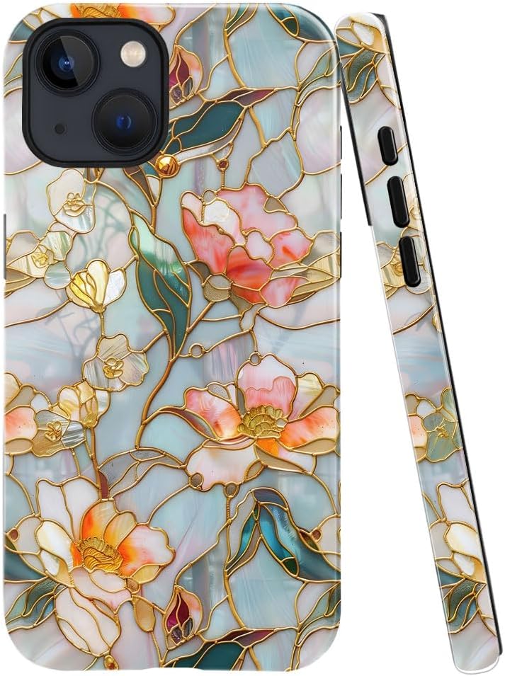 Case for iPhone 13 - Slim Fit Anti-Scratch Phone Case for Girl Women - Stained Glass Aesthetic Flowers (Glossy)