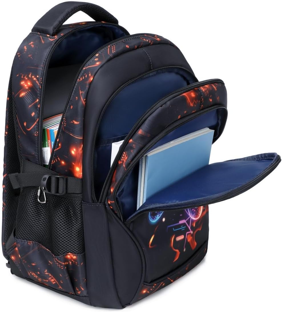 Boys Backpack for Elementary Kids Bookbag Middle School Bags Heavy Duty Soccer Laptop Durable Waterproof 18 In (3-Black Red Game)