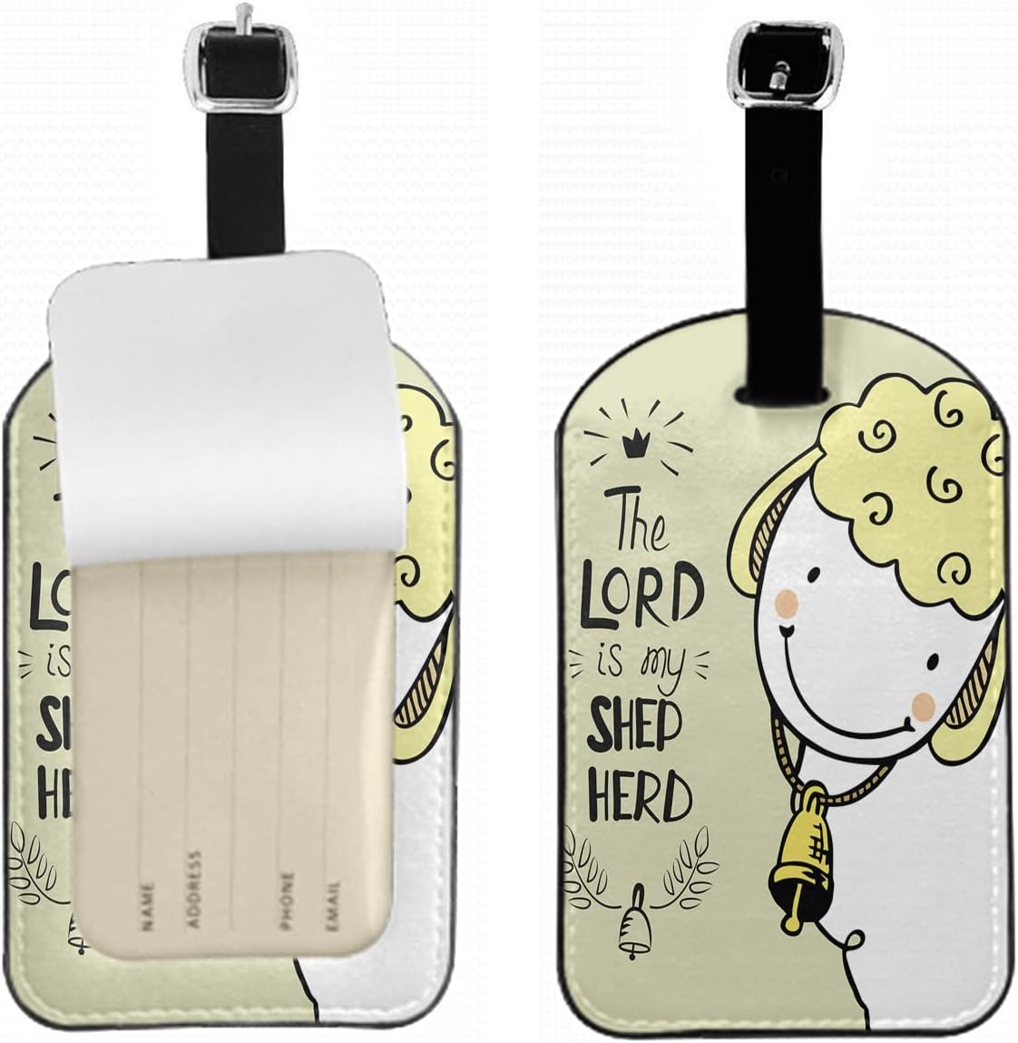 Lovely Sheep Luggage Tag with Name ID Card A Bell God is My Shepherd Bible Christian Poster Baggage Identification Labels ID Tags with Belt Strap for Travel Cruise Ships, 1 Pack