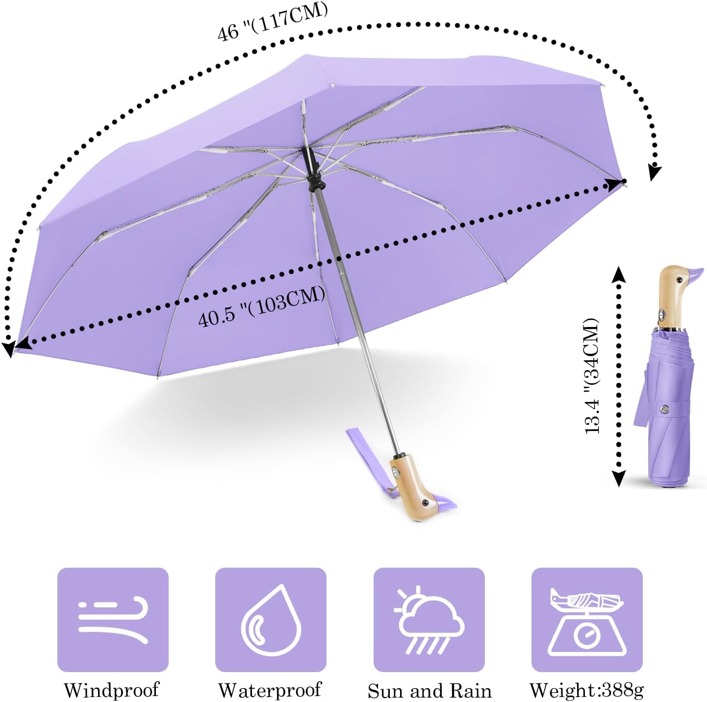 Cute Duck Umbrella Automatic - Compact Pretty Pocket Size Strong Duck Collapsible Umbrella Yellow Wooden Handle for Women