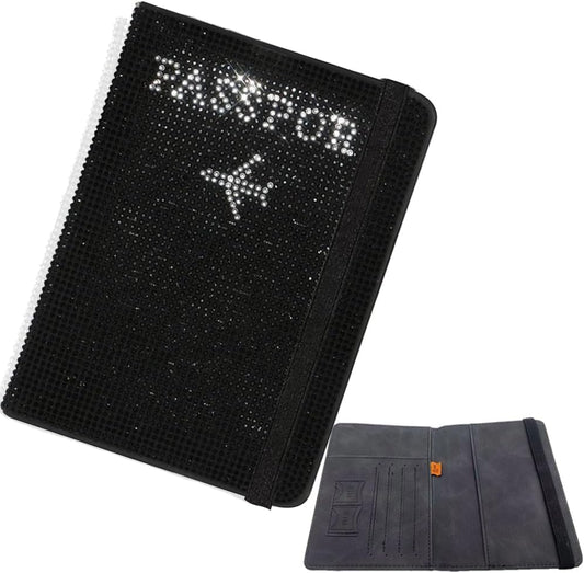 Genuine Leather Wallet Passport Holder for Men and Women Travel Organizer with Bling Rhinestone Design Elegant and Stylish (Black)