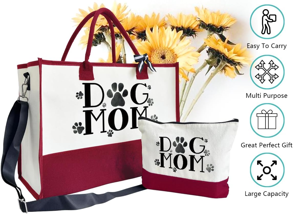 Dog Mom Tote Bag, Canvas Tote Bag for Women, Shoulder Beach Bag, Reusable Travel Beach Tote, Gifts for Dog Lovers and Pet Owners, Durable Everyday Handbag and Shopping Bag A1
