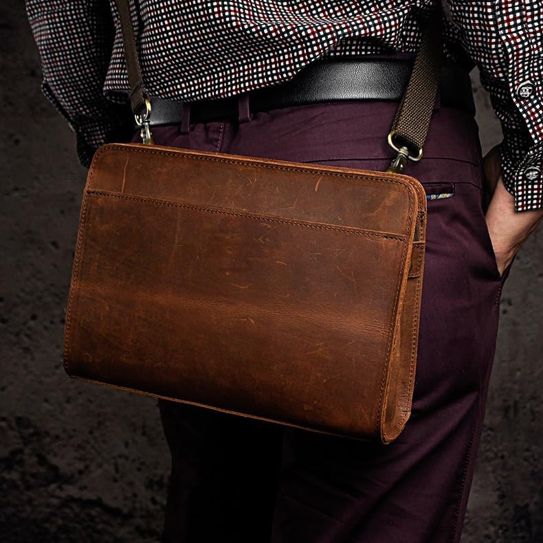 Vintage Crazy Horse Leather Business Briefcase - Under Arm Clutch Bag with Tablet Case & Organizer
