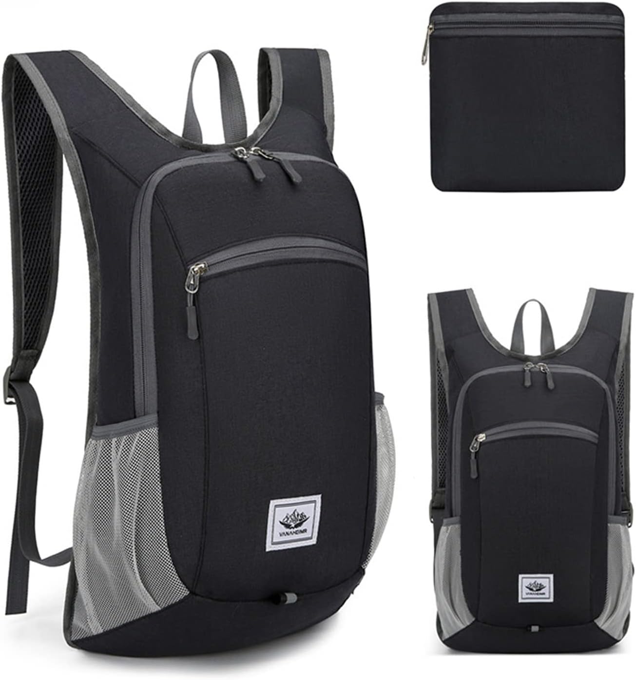 DOJUNS Hiking Backpack 15L Small Travel Backpack Lightweight Foldable Daypack Packable Camping Backpacks for Women Men (Black)