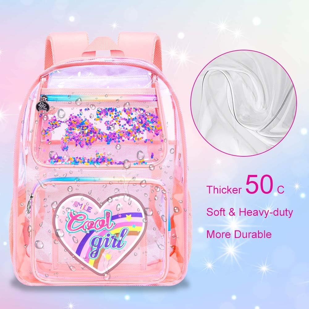 3PCS Clear Backpack Heavy Duty, Cute Sequins Transparent Bookbag with Handbag for Girls, Womens Pink See Through School Bag