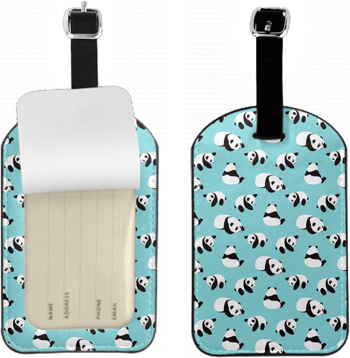 Cute Panda Suitcase ID Tag Identifiers Cartoon Black White Furry Animal Leather Luggage Tags Travel Bag Tag Fully Bendable Baggage Labels, 1 Pack Blue