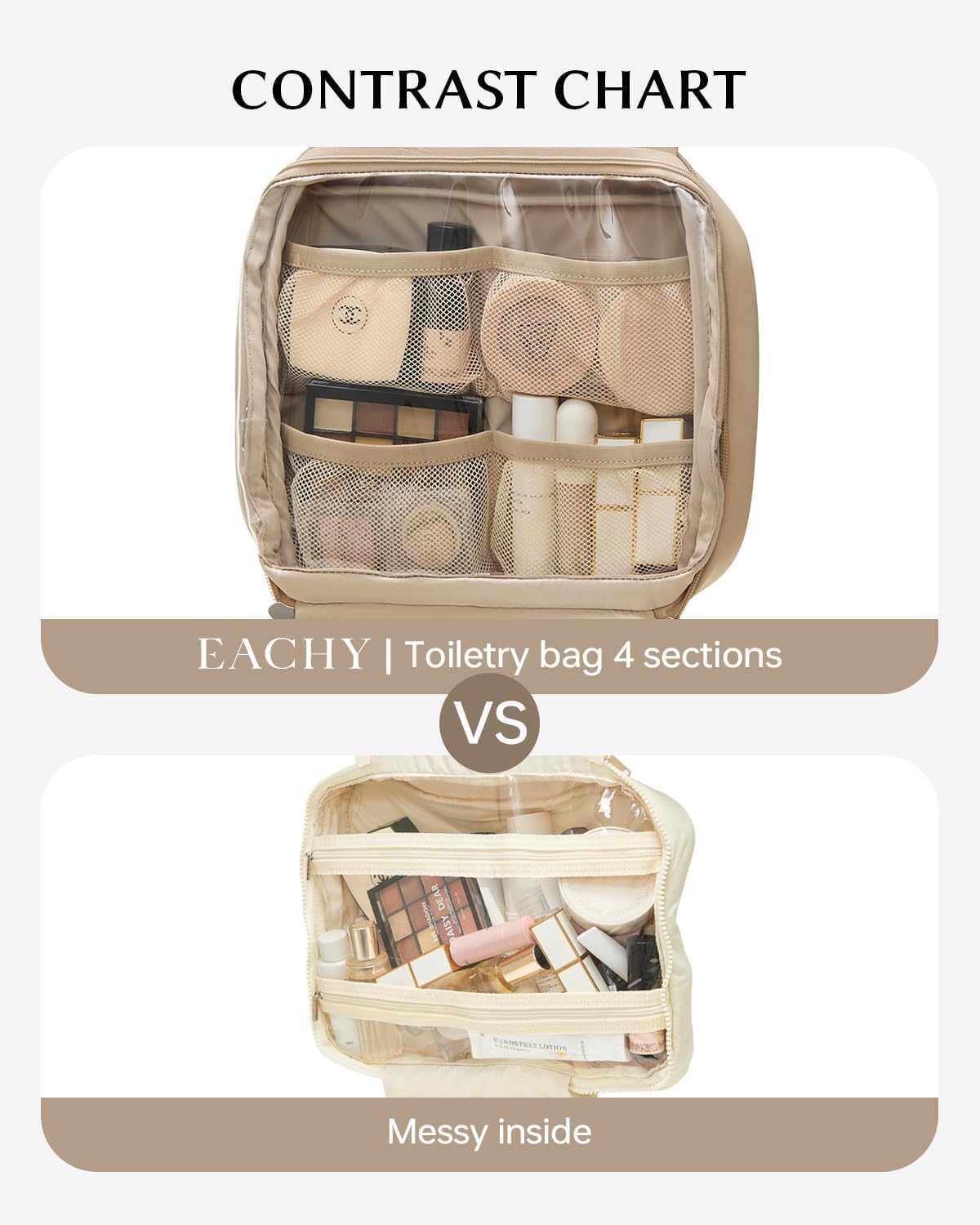 EACHY Travel Toiletry Bag with Hanging Hook, Portable Makeup Cosmetic Bags for Women, Water-Resistant Full-Size Travel Accessories (Pink)