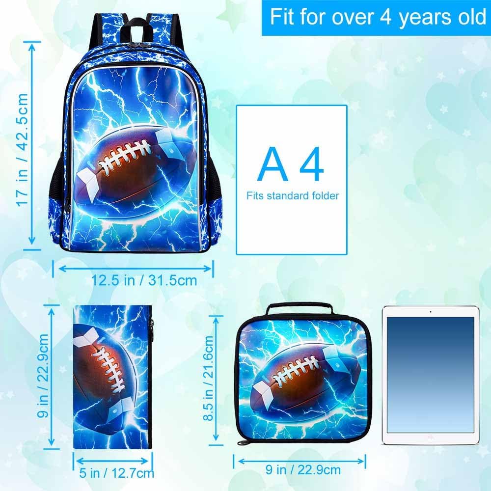 UFNDC 3PCS Kids Rugby Backpack, Boys Lightning Bookbag with Lunch Box, 17" Water Resistant School Bag for Teenagers Elementary Middle