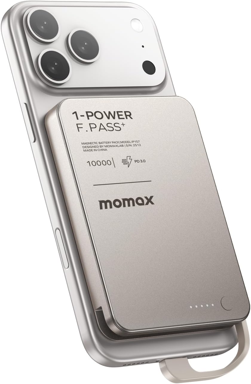 MOMAX Ultra-Slim 10000mAh Portable Power Bank with Built-in USB-C Cable, PD 30W Fast Charging Battery Pack for iPhone 17/16/15, iPhone air, Galaxy, Pixel (No Wireless,No Lighting)