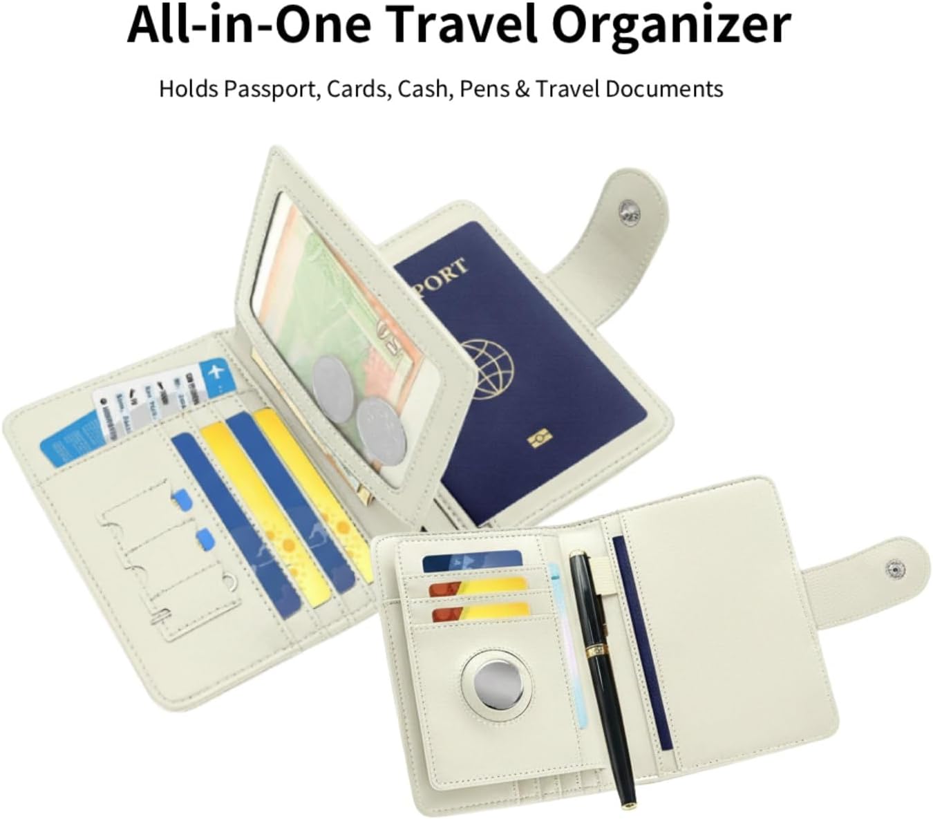RFID Blocking Leather Passport Holder for Travel, Airtag Passport Wallet for Men and Women, Cards, Passport, Tickets, Cash, Photo and Sim Card Pen Slot (White)