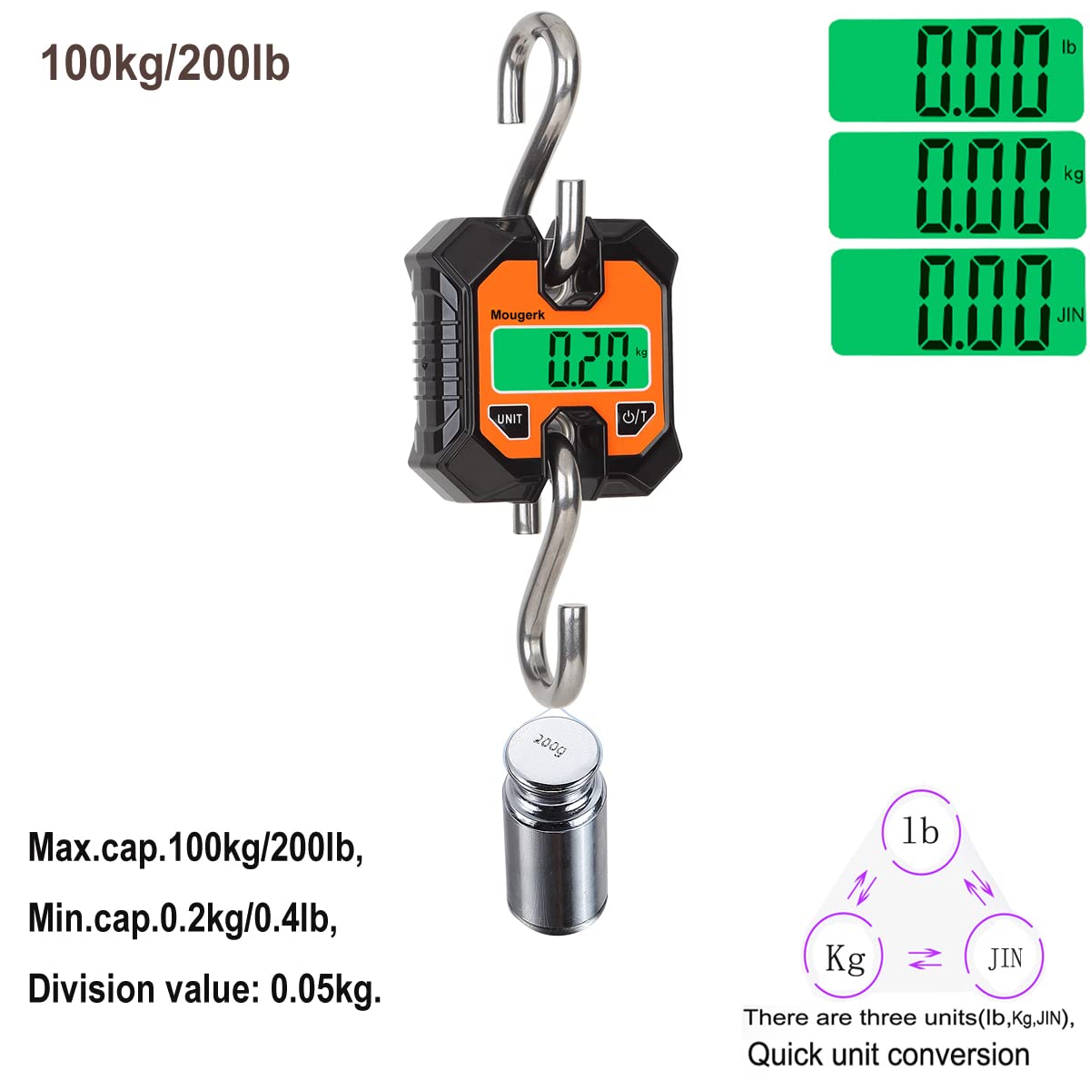 Digital Hanging Scales Portable Heavy Duty Crane Scale 100 kg 200 lb 2 AAA Batteries(Not Included)