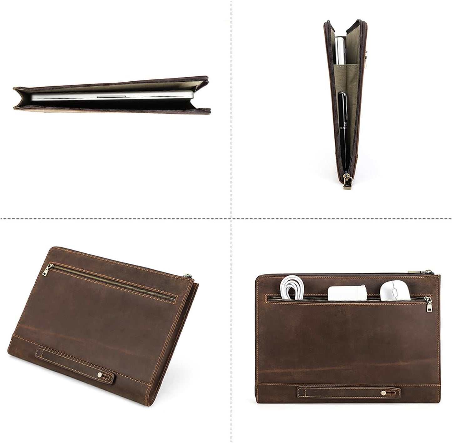 Top Grain Leather 14.2" Slim Laptop 90° Zipper Bag, Vintage Design, Handmade, Compatible with MacBook Pro/Air 14"/13.3"/13.6" 2021 2022 M1 Pro/M1 Max A2442 & Other Laptop, Coffee 14.2 Inch
