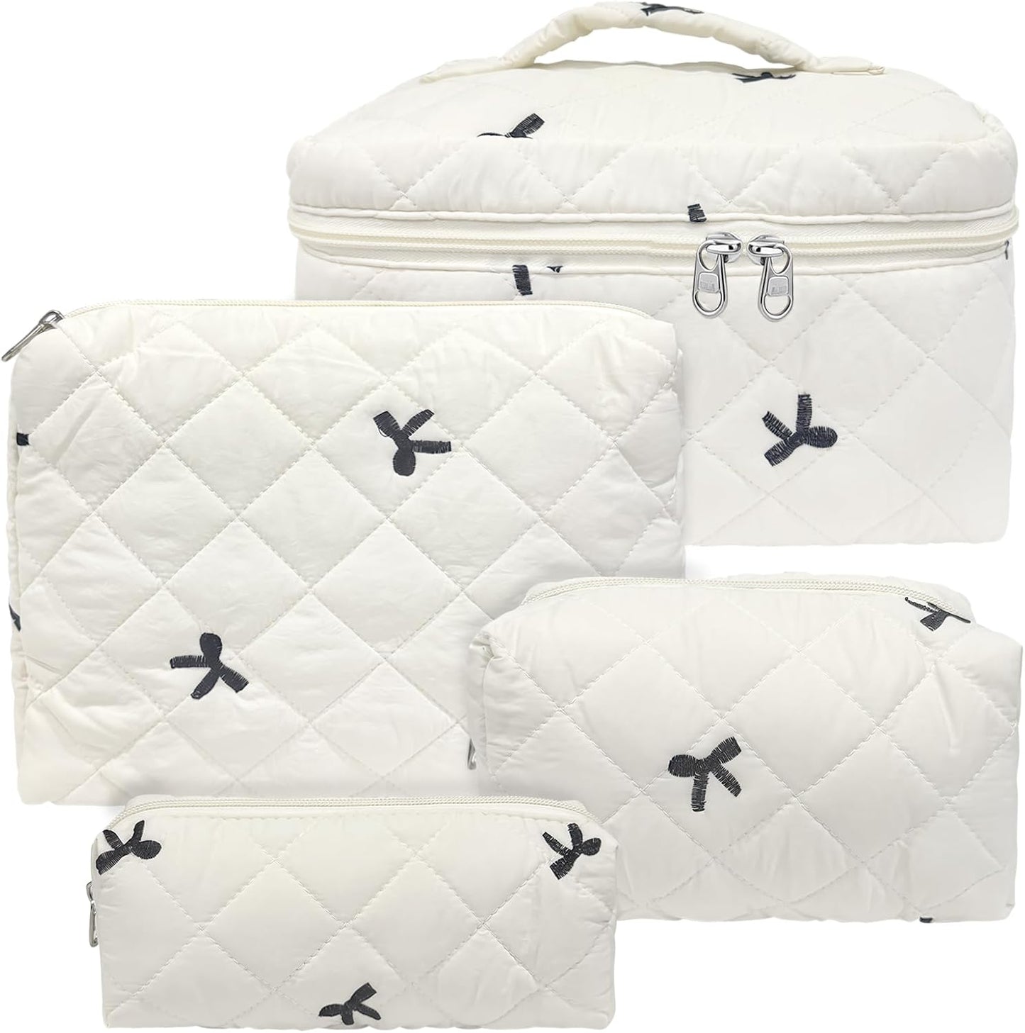 Quilted Makeup Bag, Large Capacity Travel Cosmetic Bag for Women and Girls, Aesthetic Storage for Daily and Travel Use (4pcs-embroidered Bow)