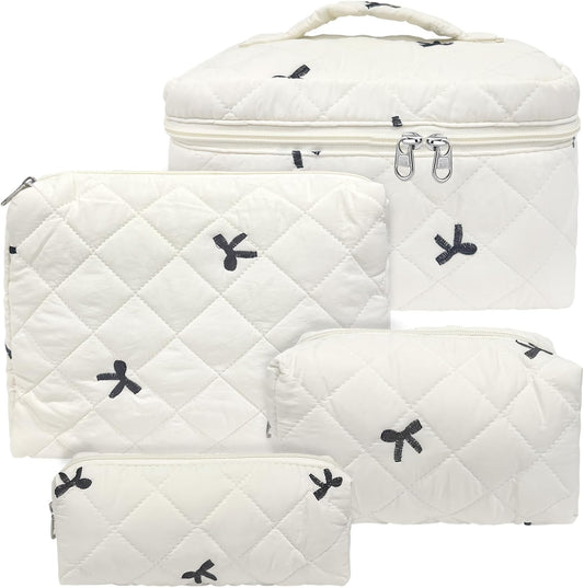 Quilted Makeup Bag, Large Capacity Travel Cosmetic Bag for Women and Girls, Aesthetic Storage for Daily and Travel Use (4pcs-embroidered Bow)
