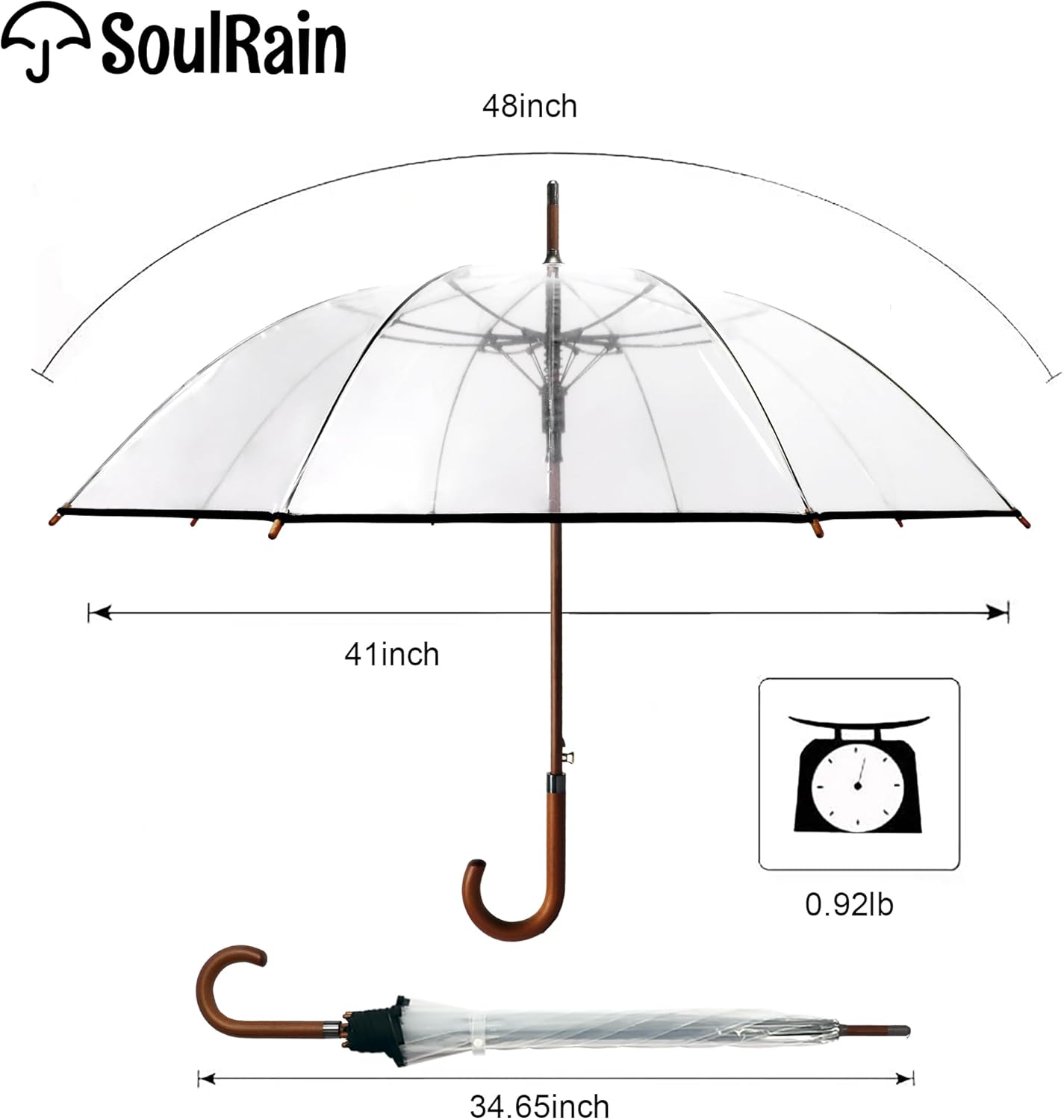 SoulRain 48" Clear Bubble Umbrella – Large Transparent Umbrella for Rain, Windproof & Automatic Open, Wedding Umbrellas for Women & Men, Vintage Stick Cane with Wooden Handle(Clear)