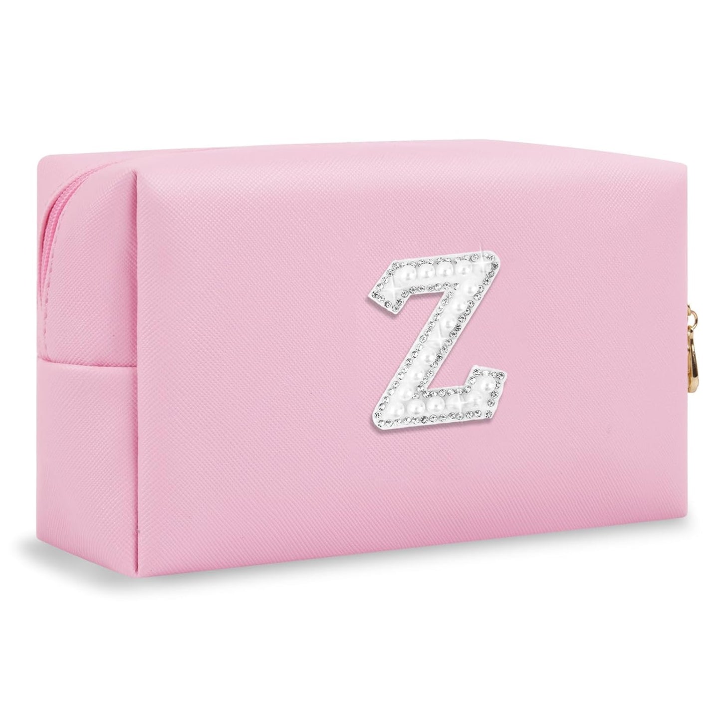 ChaoGreat Bride Gifts – Personalized Initial Makeup Bag with Pearl Rhinestone Patch, Preppy Pink Monogram Cosmetic/Toiletry Pouch, bridesmaid Gifts, Bridal Shower Gifts, Wedding Gifts, Bridal Gifts,Z