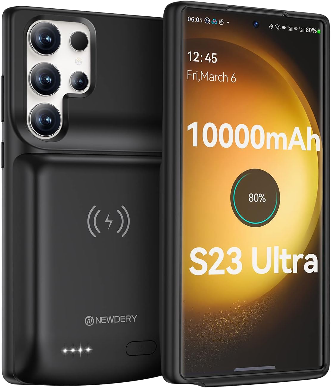 NEWDERY Galaxy S23 Ultra Battery Case 10000mAh, Qi Wireless Charging, Fast Charging, Sync Data Supported, Powerful Portable Rechargeable Charger Case for Samsung S23 Ultra 5G 6.8" Black