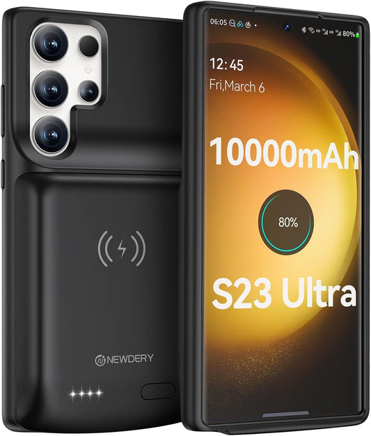 NEWDERY Galaxy S23 Ultra Battery Case 10000mAh, Qi Wireless Charging, Fast Charging, Sync Data Supported, Powerful Portable Rechargeable Charger Case for Samsung S23 Ultra 5G 6.8" Black