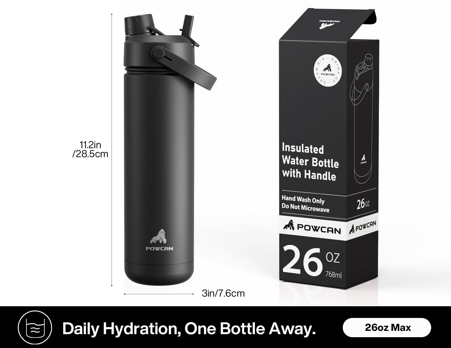 POWCAN 26 oz Insulated Water Bottle with 2-in-1 Straw and Spout Lid, Keep Cold 24H, Leak-Proof