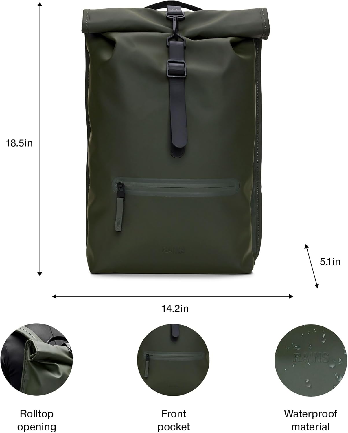 RAINS Rolltop Rucksack Green Waterproof Rolltop Backpack Water Resistant Water Repellent Commuter Travel Pack Urban Minimalist Design 2 Year Warranty