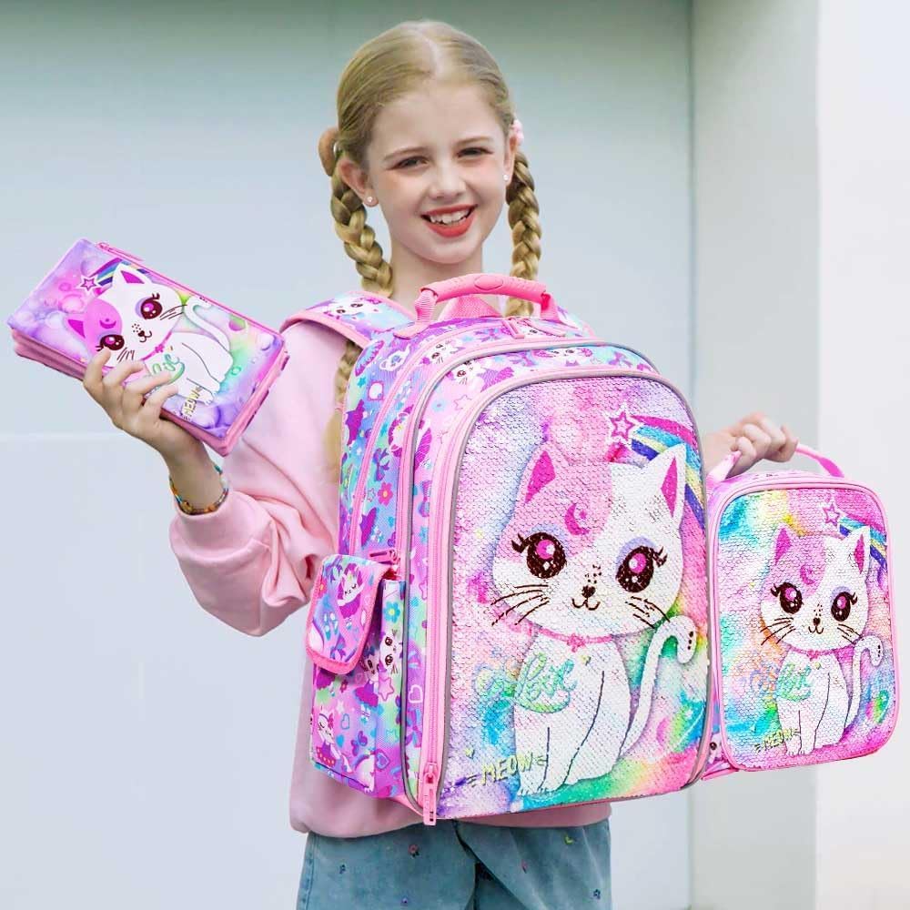 UFNDC 3PCS Girls Backpack, 16”Kids Cat Sequin Bookbag with Lunch Box, Water Resistant School Bag
