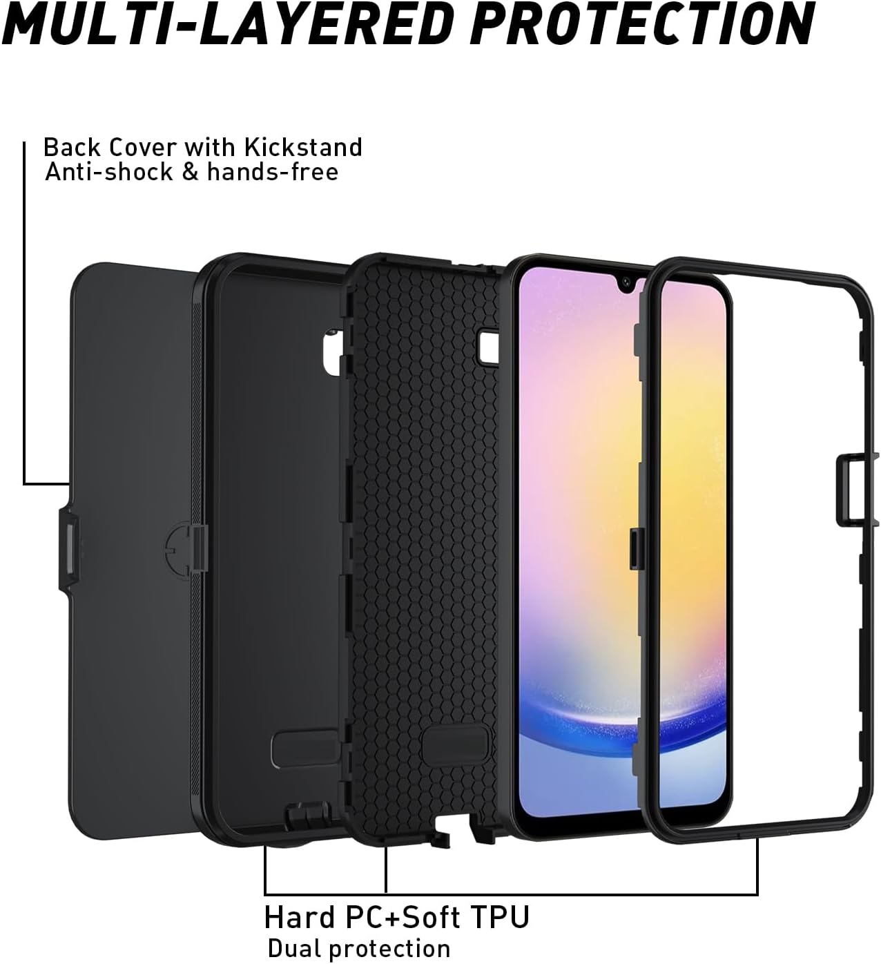for Samsung Galaxy A17 5G case,A16 5G Heavy Duty case,with A Tempered Glass Screen Protector, [Military Grade Protective ] [Shockproof] [Dropproof] [Dust-Proof] (with Belt Clip-Black)