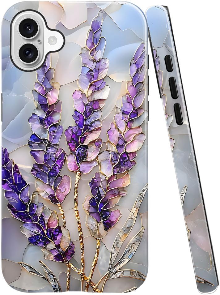 Case for iPhone 16 - Slim Fit Anti-Scratch Phone Case for Girl Women - Lavender Stained Glass Purple Floral (Glossy)