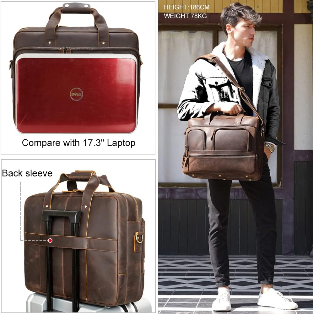 TIDING 18 Inch Full Grain Leather Briefcase for Men Business Travel Messenger Shoulder Bag Fits 17.3" Laptop