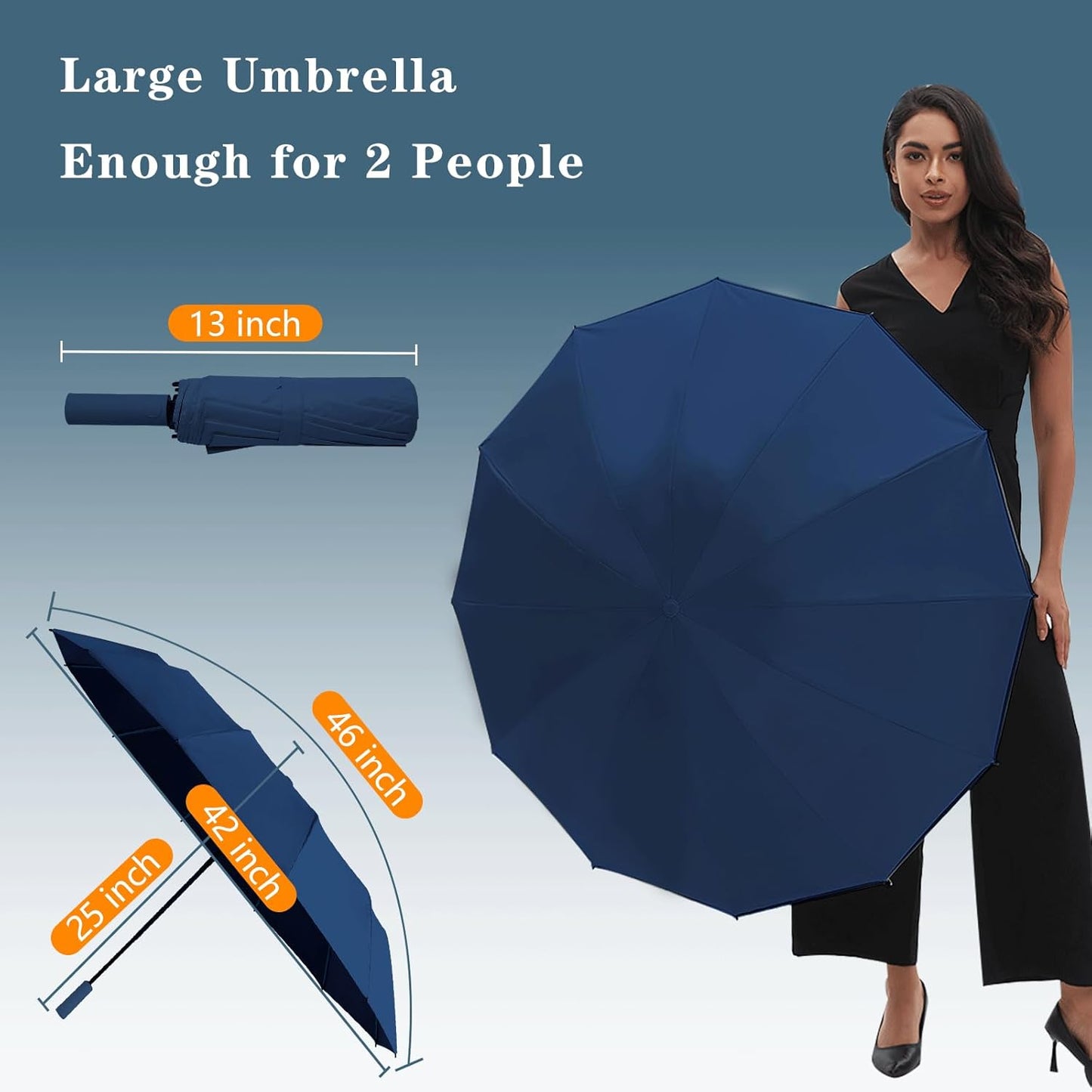 Large Double-Ribs Umbrella Automatic Folding Umbrella for Women Men, Travel, UPF 50+ UV Protection,46-Inch, 12 Ribs, Light Green