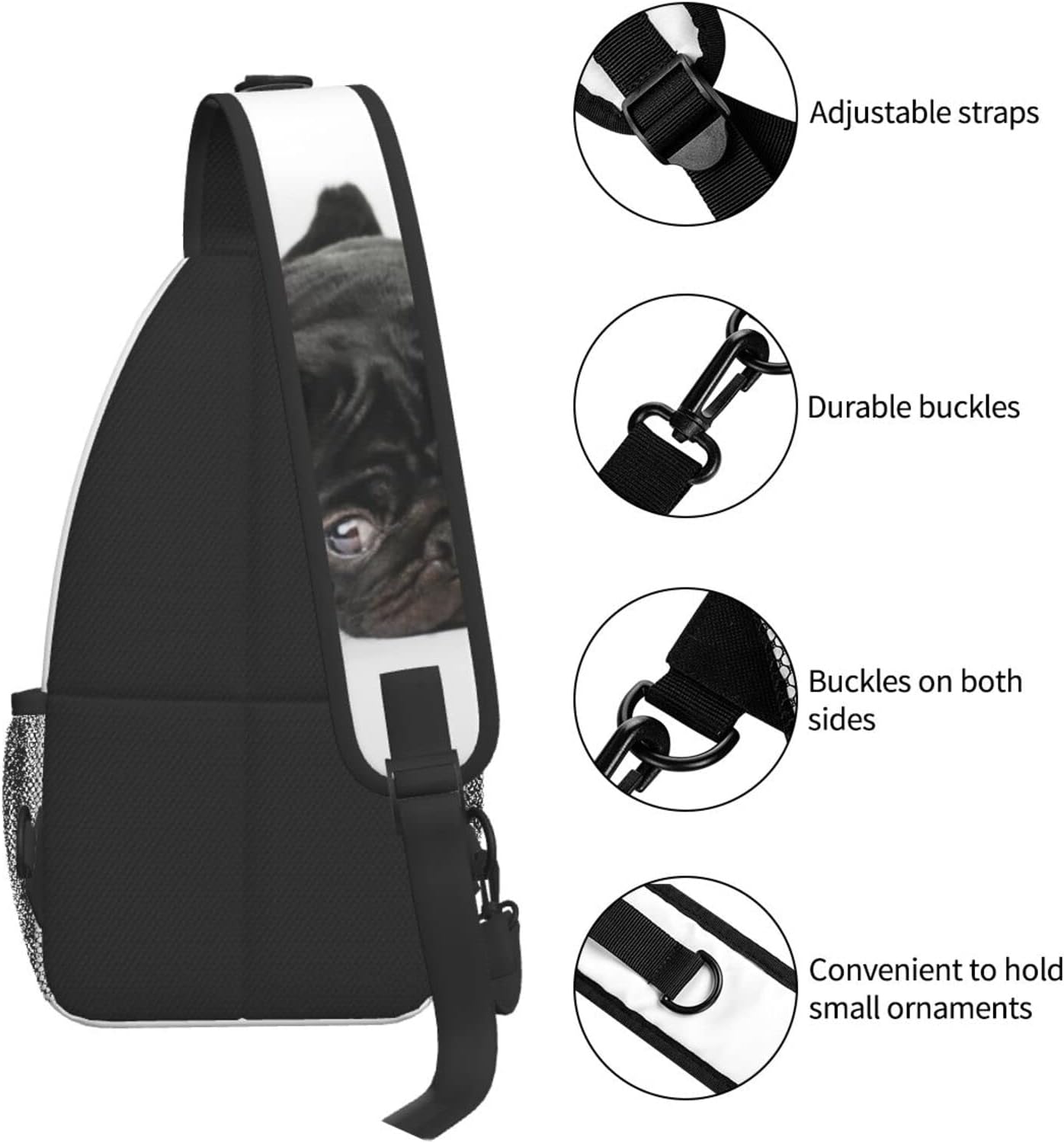 bassyil Black Pug Dog Sling Bag Crossbody Travel Hiking Chest Backpack Shoulder Daypack for Women Men