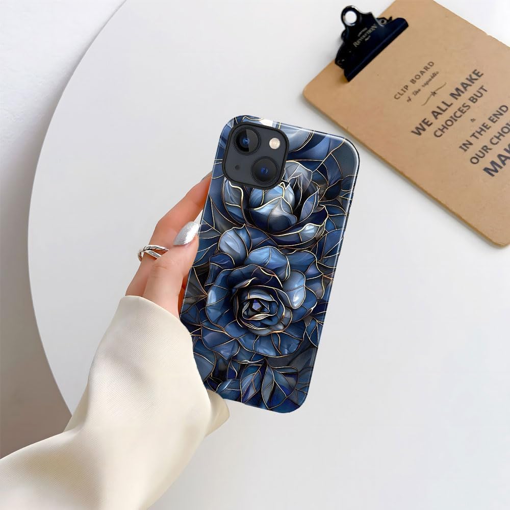 Case for iPhone 15 Plus - Slim Fit Anti-Scratch Phone Case for Girl Women - Rose Floral Stained Glass (Glossy)