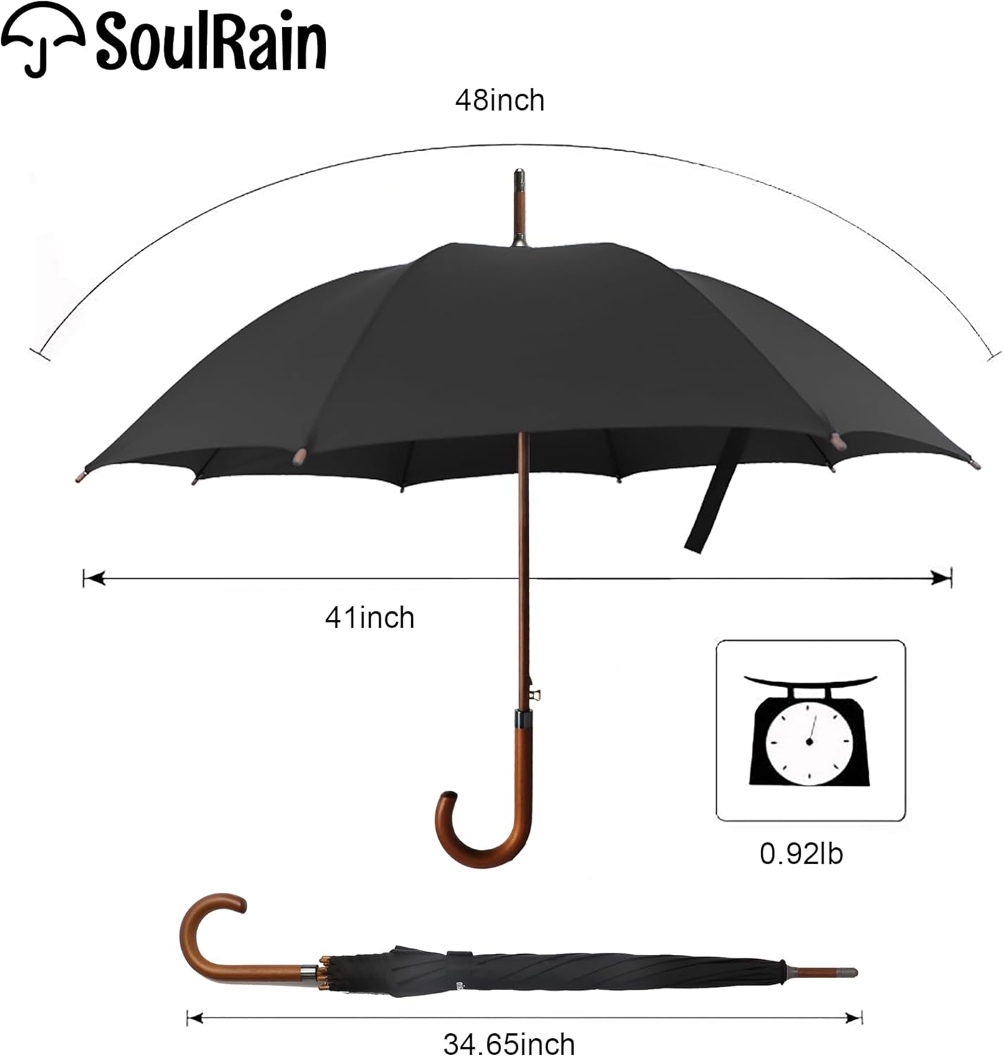 SoulRain 48" Black Umbrella – Stick Windproof Large Umbrellas for Rain, Automatic Open for 2 Persons, Classic Wooden Handle, Durable Travel & Wedding Vintage Cane Umbrella for Men & Women(Black)