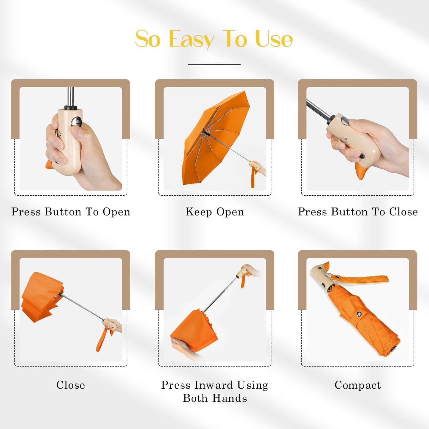Cute Duck Umbrella Automatic - Compact Pretty Pocket Size Strong Duck Collapsible Umbrella Yellow Wooden Handle for Women